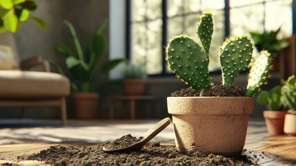 3D rendering of transplanting a potted opuntia cactus prickly pear into a larger flower pot with soil preparation using a scoop in a plant filled home interior