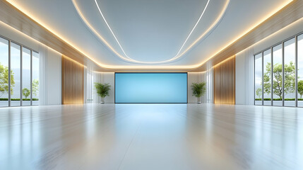 Futuristic conference hall with blue lighting and large screen