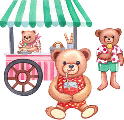 Hand-drawn Two Bears Enjoy Juice and Ice Cream by Ice Cream Cart, Watercolor