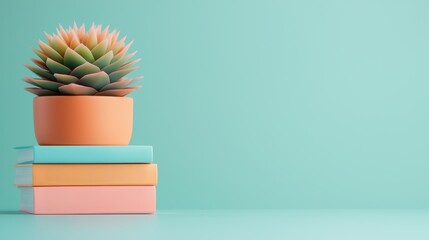 A stylish arrangement of a succulent in an orange pot atop pastel-colored books against a mint green background.
