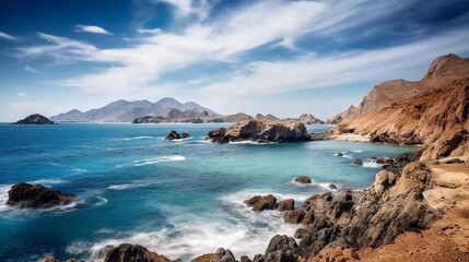 Fototapeta premium Scenic coastal view with rocky formations and tranquil blue waters under a cloudy sky.