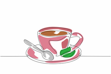 Continuous line drawing of a cup of tea with spoon beside. National Hot Tea Day. A journey through diverse teas, each cup a moment of pure comfort