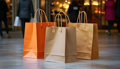 Three shopping bags on the floor in a shopping mall.