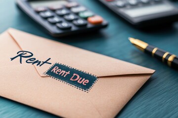 A close-up of a rent payment envelope on a desk, accompanied by calculators and a pen, emphasizing rent due reminders.