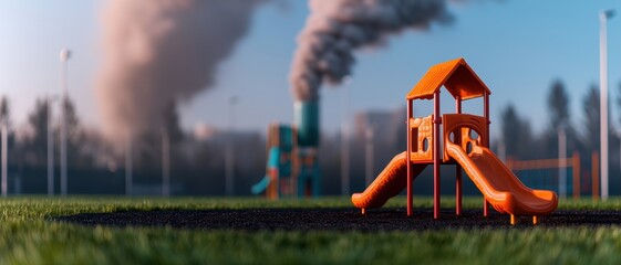 A vibrant playground contrasts with a backdrop of industrial smoke, highlighting the tension between play and pollution in urban environments.
