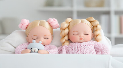 Sweetly sleeping dolls in cozy blankets on a soft bed, captured in a serene indoor setting during daylight