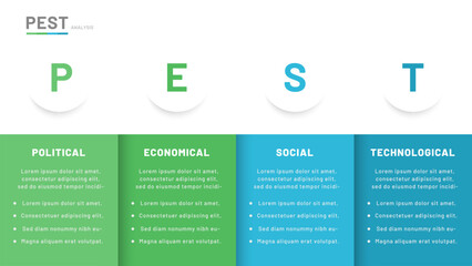 PEST analysis consisting of the following factors: political, economic, social, technological. It can be used for presentation