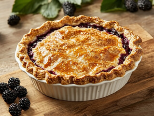 blackberry pie cooling on a wooden countertop,