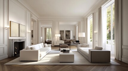 Illustration of a serene living room with a neutral color palette and plush carpet for added comfort. Ai generated image