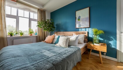 Fototapeta premium Ai Generate Stylish and modern sunny bedroom interior with small wooden night table , garden in a jar, white bedding, colours pilows and blanket Space with blue walls and brown wooden parquet