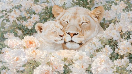 A lioness and her cub resting peacefully among beautiful blooming flowers in a serene garden setting