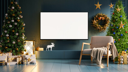 Christmas room with TV cabinet and armchair in modern living room on dark blue wall background- 3D rendering
