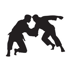 Silhouette of mix martial arts, Kungfu, boxing, karate, kick boxing, jujitsu, black silhouettes of people practicing judo. Shadows of the fighting men on a white background. Martial arts illustrations