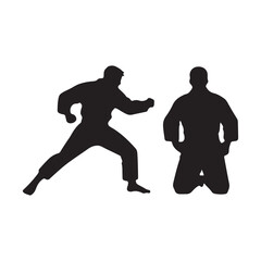 Silhouette of mix martial arts, Kungfu, boxing, karate, kick boxing, jujitsu, black silhouettes of people practicing judo. Shadows of the fighting men on a white background. Martial arts illustrations