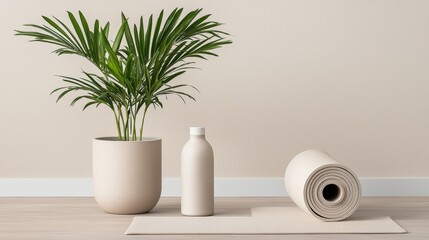 A calming indoor setting with a green plant, reusable water bottle, and yoga mat rolled on a light wooden floor
