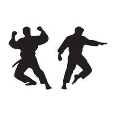 Silhouette of mix martial arts, Kungfu, boxing, karate, kick boxing, jujitsu, black silhouettes of people practicing judo. Shadows of the fighting men on a white background. Martial arts illustrations