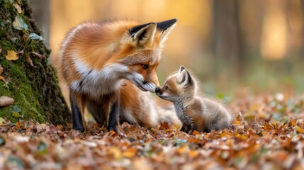 A red fox and its playful kit share an intimate moment in a vibrant forest during autumn