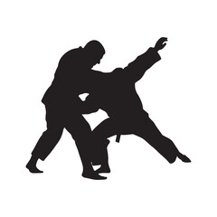 Silhouette of mix martial arts, Kungfu, boxing, karate, kick boxing, jujitsu, black silhouettes of people practicing judo. Shadows of the fighting men on a white background. Martial arts illustrations