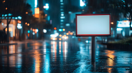 Signboard mockup on a rainy street with reflections of city lights on the wet pavement