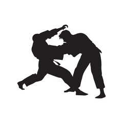 Silhouette of mix martial arts, Kungfu, boxing, karate, kick boxing, jujitsu, black silhouettes of people practicing judo. Shadows of the fighting men on a white background. Martial arts illustrations