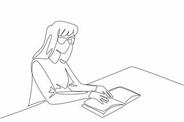 World Braille Day. Continuous line drawing of beauty woman try to read braille language from book. Sit in public library to learn reading ability.
