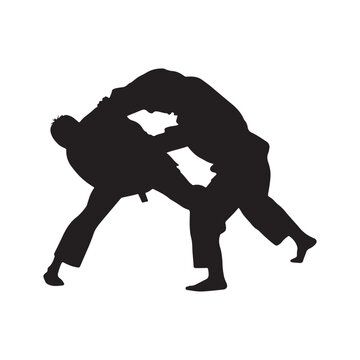 recommend clip art: Silhouette of mix martial arts, Kungfu, boxing, karate, kick boxing, jujitsu, black silhouettes of people practicing judo. Shadows of the fighting men on a white background. Martial arts illustrations