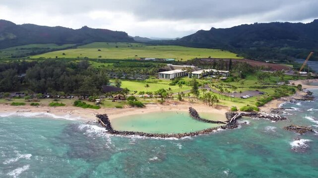 Lydgate Beach park near Wailua bay in Kauai. Holiday in paradise. man made two large tide pools created by lava rock for safely swimming snorkeling