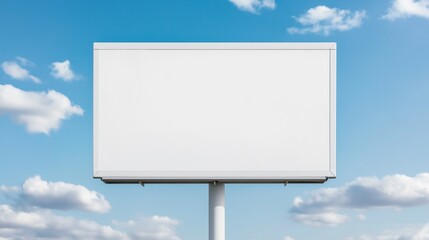 A blank billboard stands against a backdrop of blue sky and clouds in an open area inviting ideas and advertisements