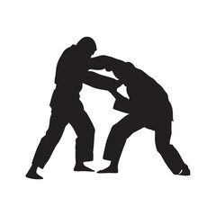 Silhouette of mix martial arts, Kungfu, boxing, karate, kick boxing, jujitsu, black silhouettes of people practicing judo. Shadows of the fighting men on a white background. Martial arts illustrations
