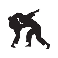 Silhouette of mix martial arts, Kungfu, boxing, karate, kick boxing, jujitsu, black silhouettes of people practicing judo. Shadows of the fighting men on a white background. Martial arts illustrations