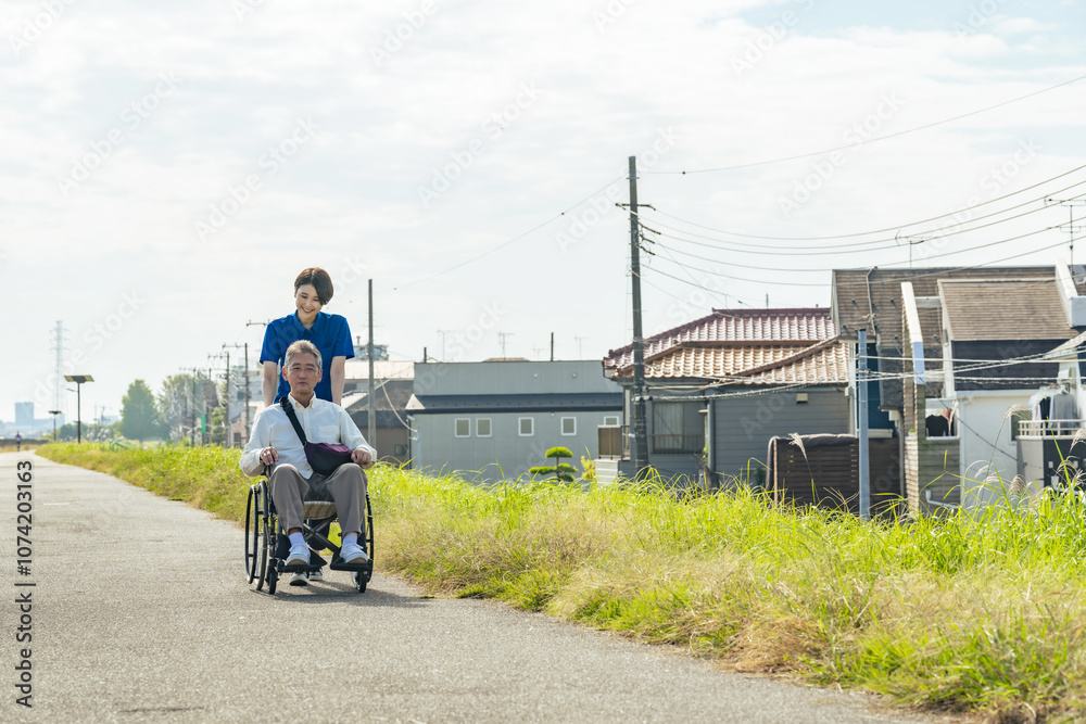 Poster 介護、車椅子、介護士、ヘルパー、外出、屋外、歩道、サポート、デイサービス、シニア、高齢者、お年寄り、老人ホーム、施設、デイケア、レク、住宅街、公園、道、散歩、自然、青空、コピースペース、福祉、ウェルネス、障害、障がい者、ボランティア、女性、男性、日本人、サービス、支援、フレイル、サルコペニア、哀愁、高齢化社会、老後、終活、ホームヘルパー、風景、広角、看護、見守り、リハビリ、介護福祉士、ライフスタイ