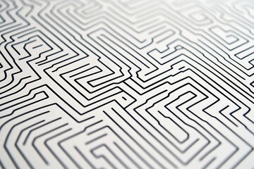 Intricate black and white maze pattern with winding lines, creating an abstract geometric background. Ideal for design projects, textures, and visual concepts.