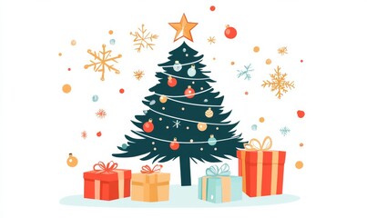Christmas tree with gifts, a illustration set on a white background.