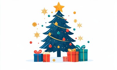 Christmas tree with gifts, a illustration set on a white background.