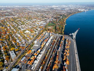 Drone view of container port. Montreal, Quebec, Canada.