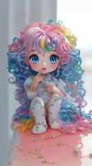 Colorful doll with vibrant hair and sparkling outfit sitting on a table in a bright, natural light setting