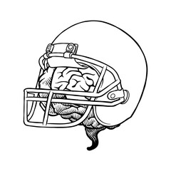 black and white illustration of a football helmet with a brain