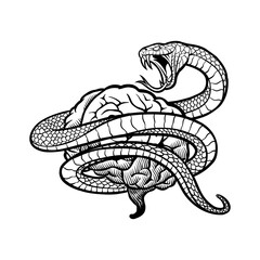 black and white illustration of a brain wrapped around a vicious snake