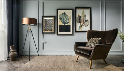 Fototapeta premium Ai Generate Luxury interior design of living room with armchair and framed posters