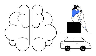 Abstract brain design beside woman reading on tablet sitting on block. Outline of car below. Ideal for education, technology, innovation, learning, mobility, neuroscience lifestyle. Line metaphor