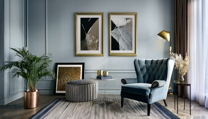 Fototapeta premium Ai Generate Luxury interior design of living room with armchair and framed posters