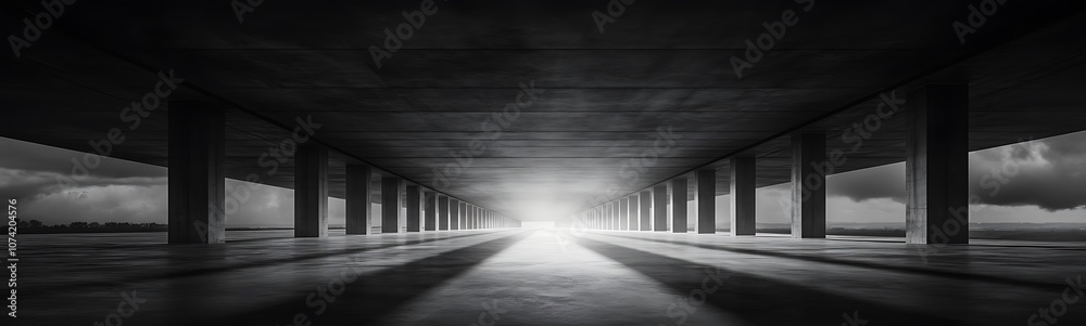 Poster A dramatic black-and-white image capturing a light source illuminating the underside of a concrete structure, creating a mysterious and atmospheric perspective.