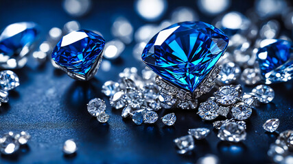 Blue diamond and white diamonds jewellery design , luxury diamonds background, sapphire gemstone, macro diamonds, Modern Jewelry