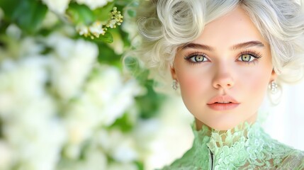 Fototapeta premium A young woman with flowing hair and striking green eyes poses elegantly amidst a beautiful floral backdrop, showcasing delicate vintage fashion