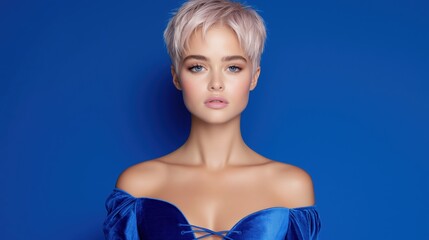 Young woman with short blonde hair poses gracefully in a striking blue outfit against a vibrant blue background