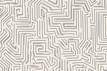 Intricate black and white maze pattern with winding lines, creating an abstract geometric background. Ideal for design projects, textures, and visual concepts.
