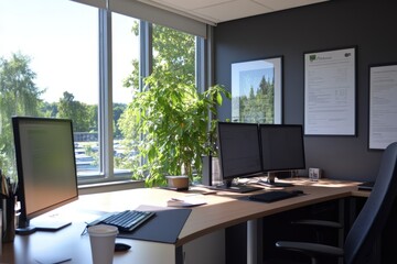 Modern Office Desk Setup with Green Plant and Coffee