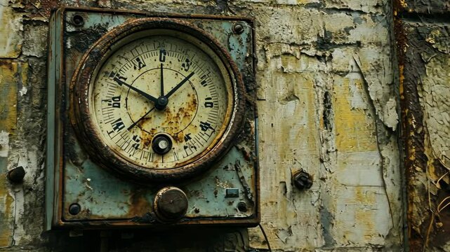 A rusted clock face on a weathered wall, likely from an old factory, shows the time as 10:40