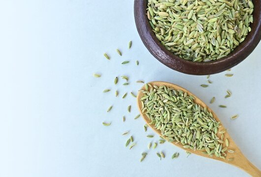 Fennel seeds in bowl and spoon, saunf 