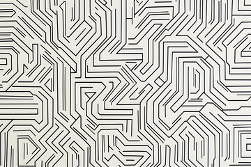 Intricate black and white maze pattern with winding lines, creating an abstract geometric background. Ideal for design projects, textures, and visual concepts.
